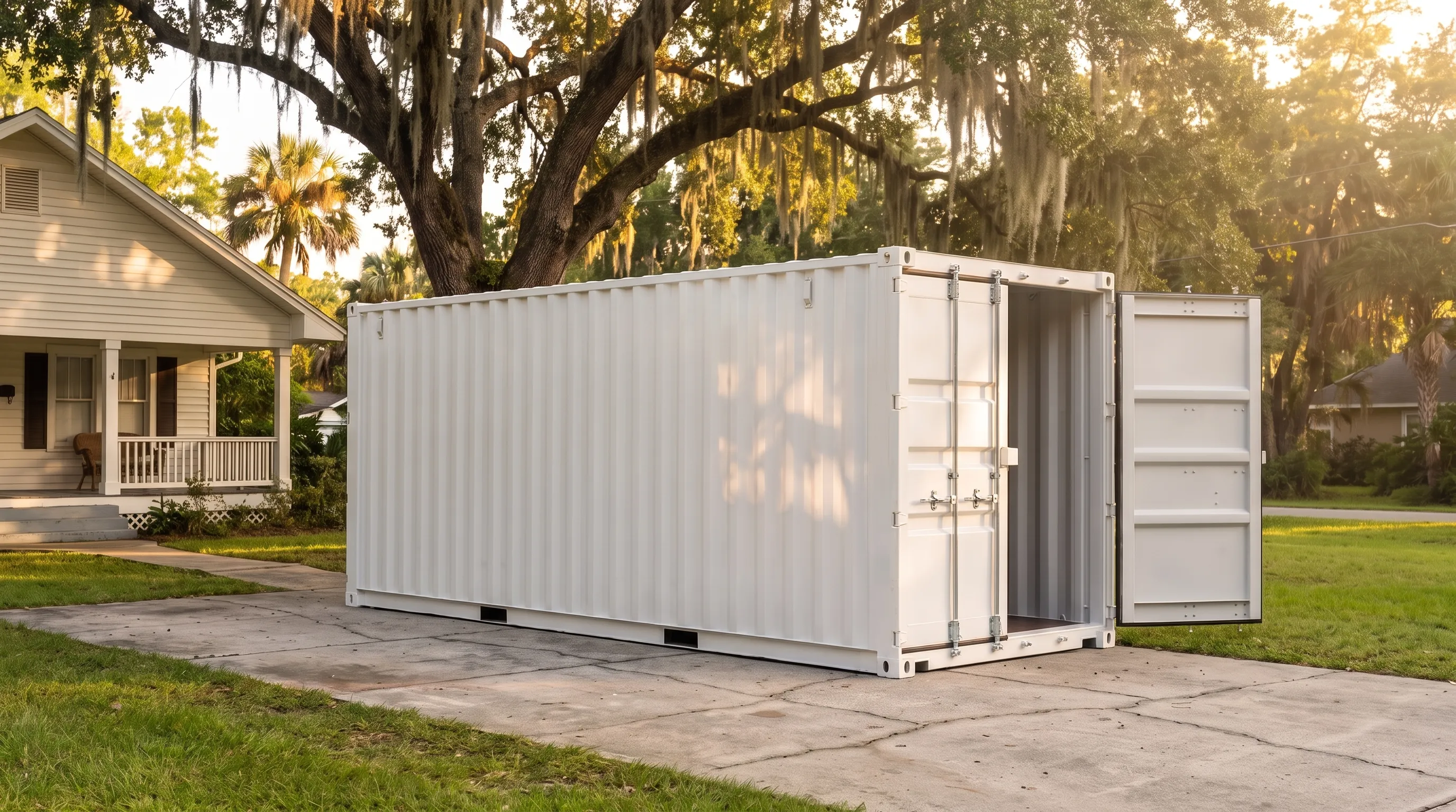 Illustrative white storage container at ground level in a sunny Lowcountry driveway