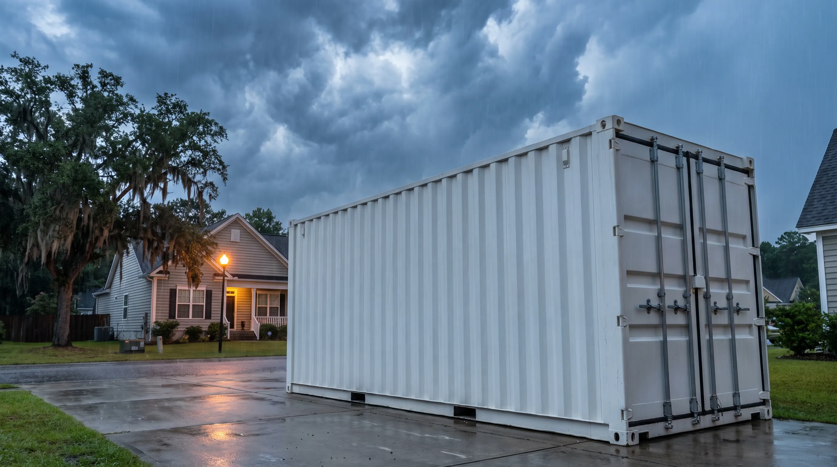 Illustrative white storage container in a South Carolina driveway beneath summer storm clouds